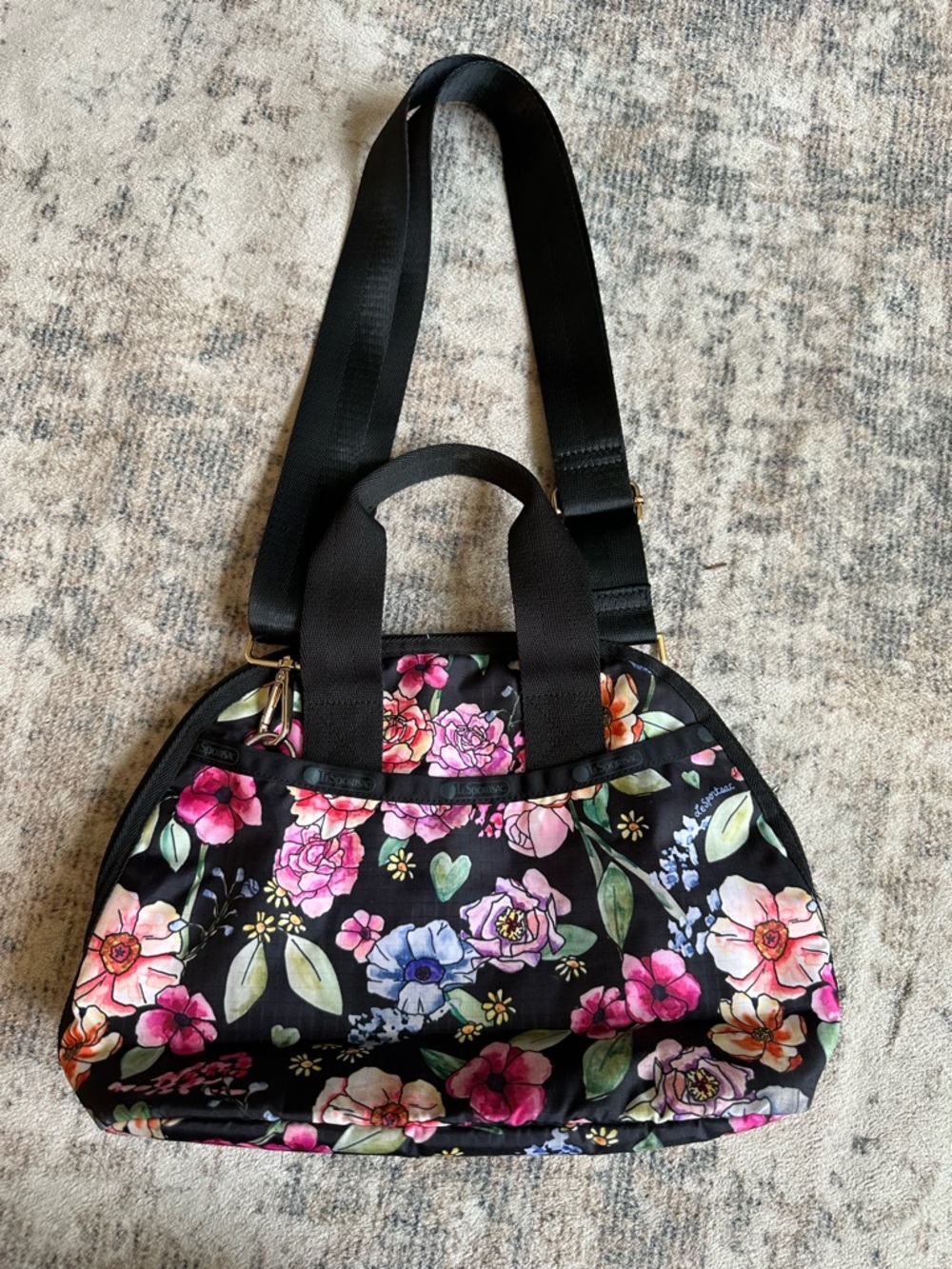 LeSportsac Floral Nylon Tote Crossbody Bag Black Multi Travel Everyday - Picture 3 of 9